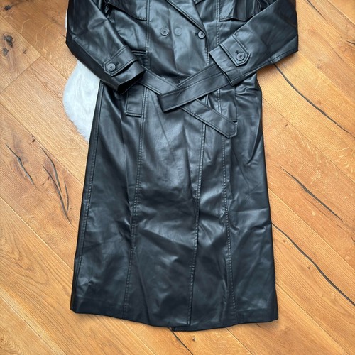 ZARA DOUBLE BREASTED BLACK FAUX LEATHER TRENCH COAT BELT Long size XS 4432 - Picture 10 of 19