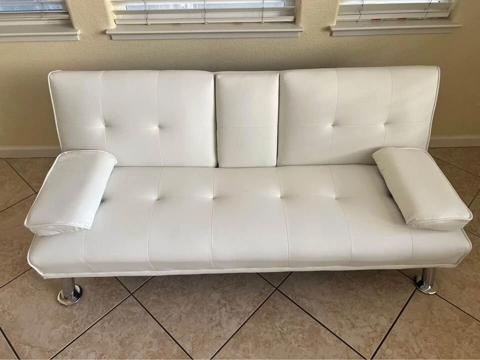 Sofá cama futón bajo blanco cama imitación cuero convertible sofá juego Foto 2 de 4