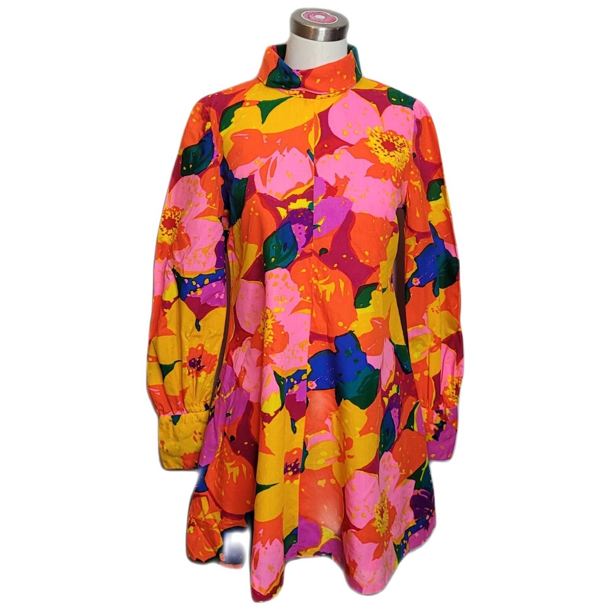 Neon Mod Mini Dress Handmade Bright Floral Long Sleeves Size Small Med  Vintage | eBay