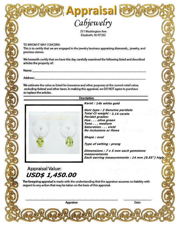 PENDIENTES PERIDOTO ORIGINALES 2,14 quilates oro blanco 14k - REPALDO DE PALANCA - valoración gratuita  Foto 3 de 3