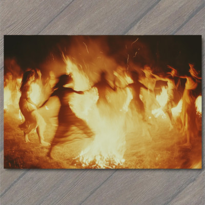 FLATCARD  Women Fire Dance Spinning Flames Magical Night Scene Girls Dress Fun