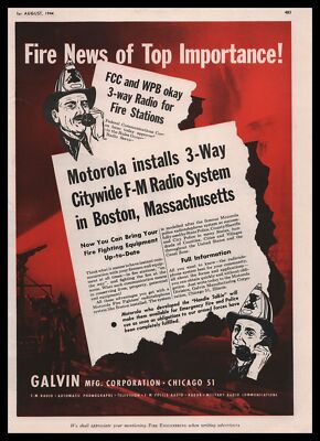 1944 Galvin Chicago Motorola Boston MA Fire Alert 3-Way FM Radio System Print Ad