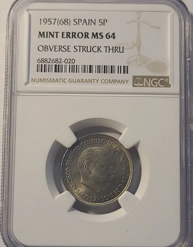 SPAIN 1957 (68) 5 PESETAS, MINT ERROR OBVERSE STUCK THRU, NGC MS-64
