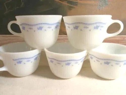 Set 5 Vintage Pyrex Blue Flowers Morning Milk Glass Coffee Mugs Corning Tea Cups