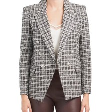 Elie Tahari Women's Black Plaid Double Breasted Preppy Tweed Jacket 395 NWT LG