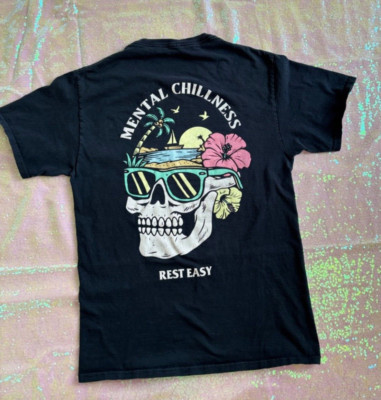 Throwback Rest Easy Mental Chillness Tropical Graphic t-shirt Small Skull Beach 