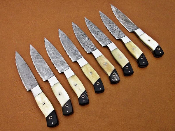8 piece Custom Handmade Damascus Steel Fixed Serrated and plain Blade Set