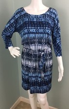 NWT Women's Guess White/Blue/Gray Print 3/4 Sleeve Tie Waist Dress Sz 8