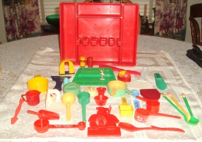 Vtg Red Hard Plastic Drawer Organizer w/Many Plastic Kitchen Gadgets Some Adv.