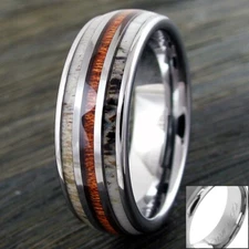 8mm Tungsten Men's Deer Antler Koa Wood Wedding Band Ring - Engraving Avail.