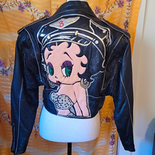 Betty Boop Maizar Black Genuine Leather Moto Biker Jacket Zip Front Belted