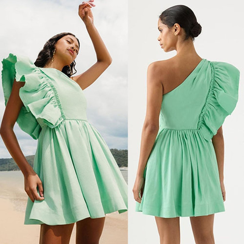 Aje Women's Bonjour One-Shoulder Minidress - Marine Green - Size 6 Aje Women's Bonjour One-Shoulder Minidress - Marine Green - Size 6
