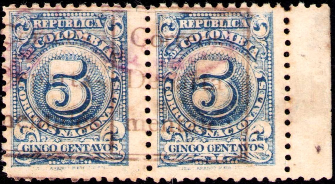 COLOMBIA - DEPARTMENT ISSUES - 5c PAIR W/ BLACK HANDSTAMPS - 1909 - Sc L4v RR