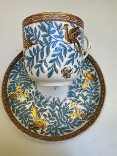 Royal Crown Derby Antique Cup &Saucer Gilt Birds Butterflies Enamel Blue Flowers