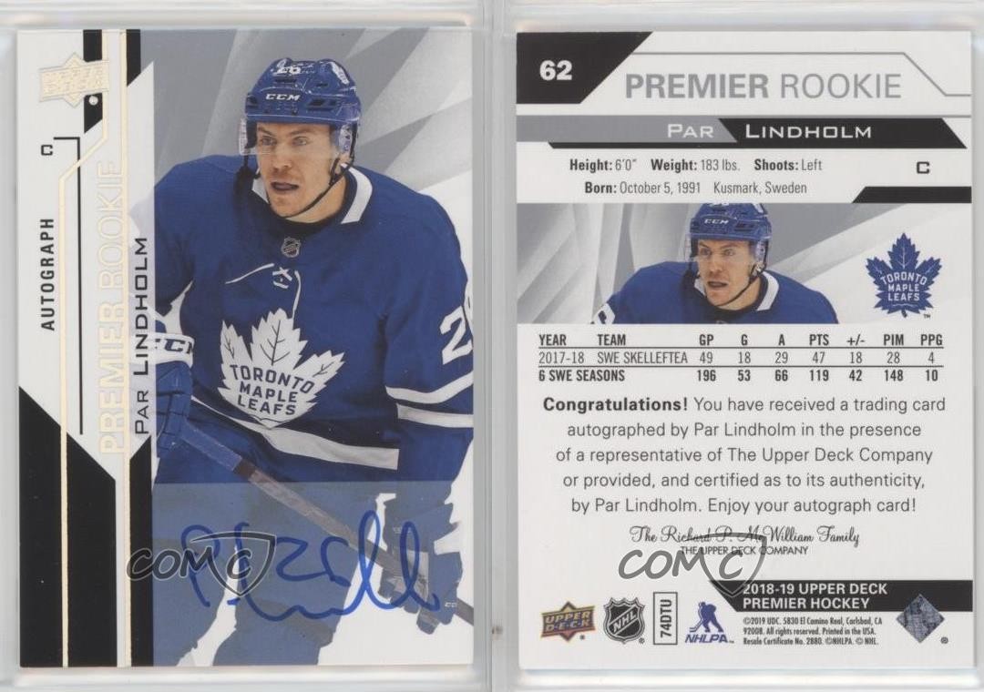 2018-19 Upper Deck Premier Silver Spectrum Par Lindholm #62 Rookie Auto RC 0o5t