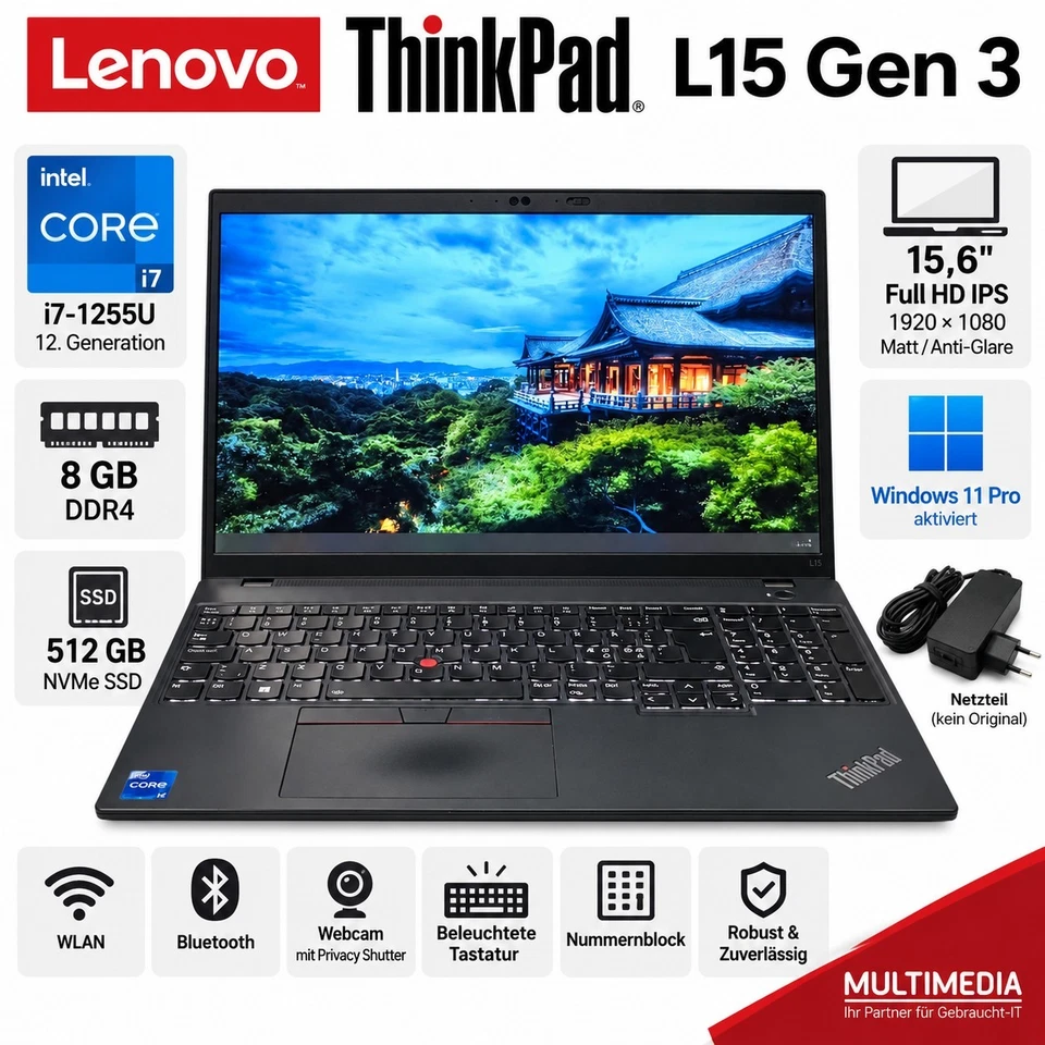 Lenovo ThinkPad L15 G3 · i7-1255U · 8GB · 512GB, Foto 1 von 5