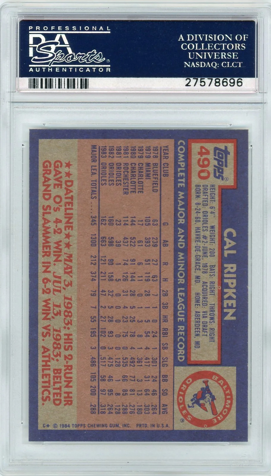 1984 Topps Cal Ripken JR. #490 PSA 10 view 2