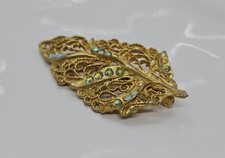 Vintage Leaf Rhinestone Brooch Pin Gold Tone Estate Find 2.5"