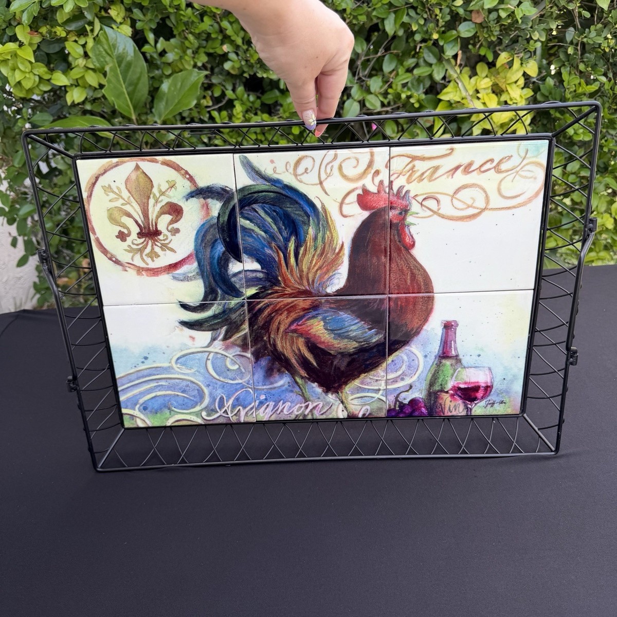 Geoff Allen Avignon Rooster Tile Tray 20.5” Metal Frame French