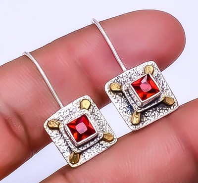 Red Garnet 925 Sterling Silver Two Tone Earring 1.95'' E93381314, Christmas Gift