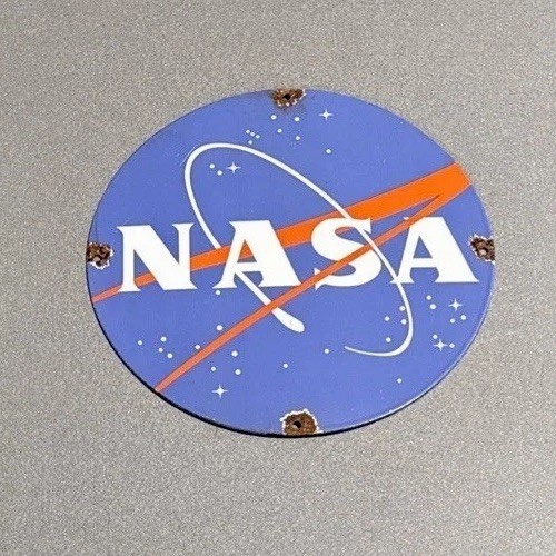 VINTAGE 12” NASA SPACE SPACECRAFT PORCELAIN SIGN CAR GAS MOTORCYCLE OIL