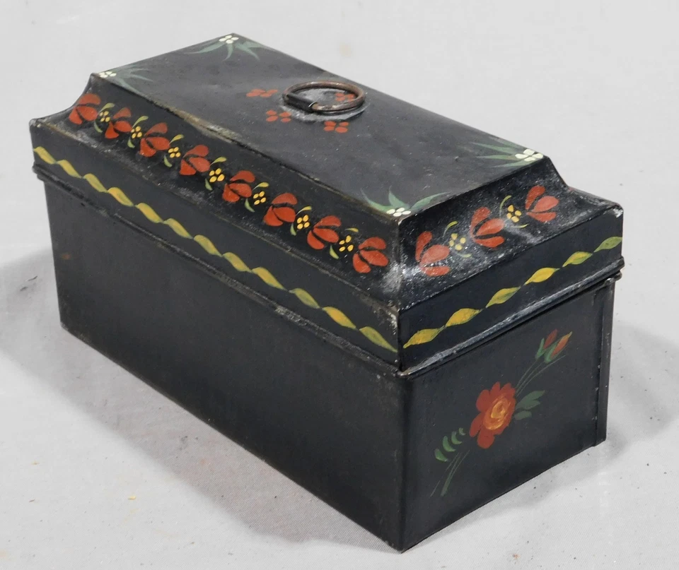 Antique tole hand painted box jewelry tin trinket floral foliage 19th c document - Image 3 of 4