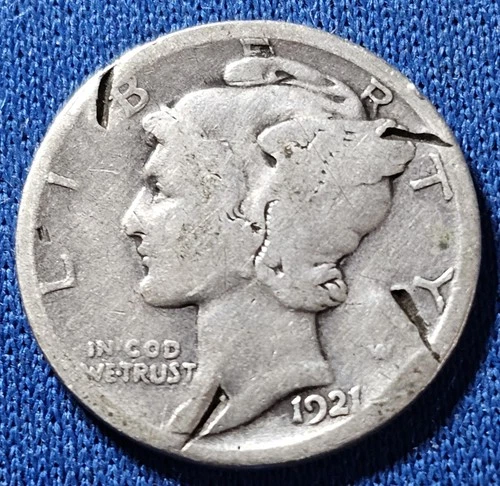 A 1921 D Mercury Silver Dime. Damage