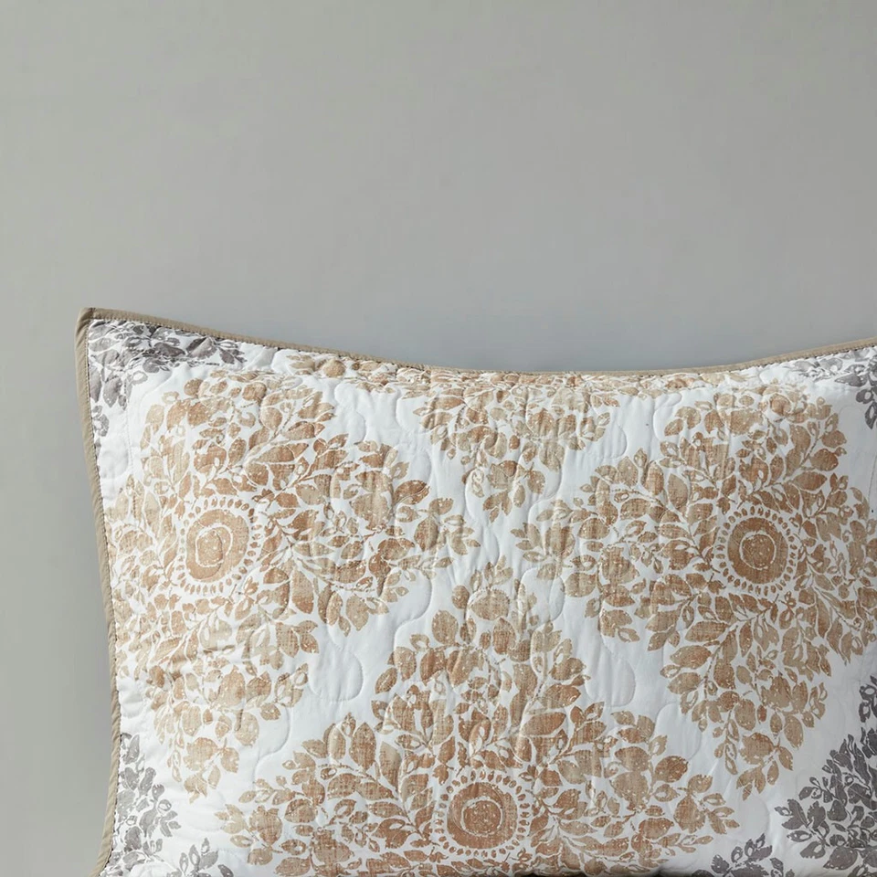 CLAIRE BOHO 6pc Queen QUILT SET : BROWN MEDALLION FALL FLORAL TAUPE LEAF DIAMOND - Image 4 of 4