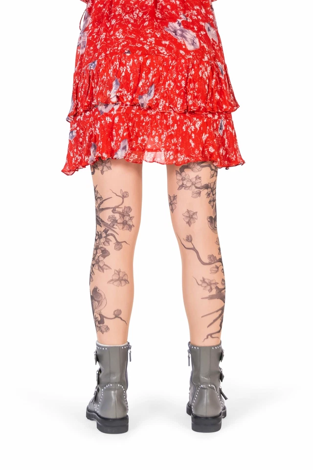 Leggings tatuaje pájaros grises Wild Rose para damas gorriones de malla tostada Irezumi japonés Foto 2 de 4