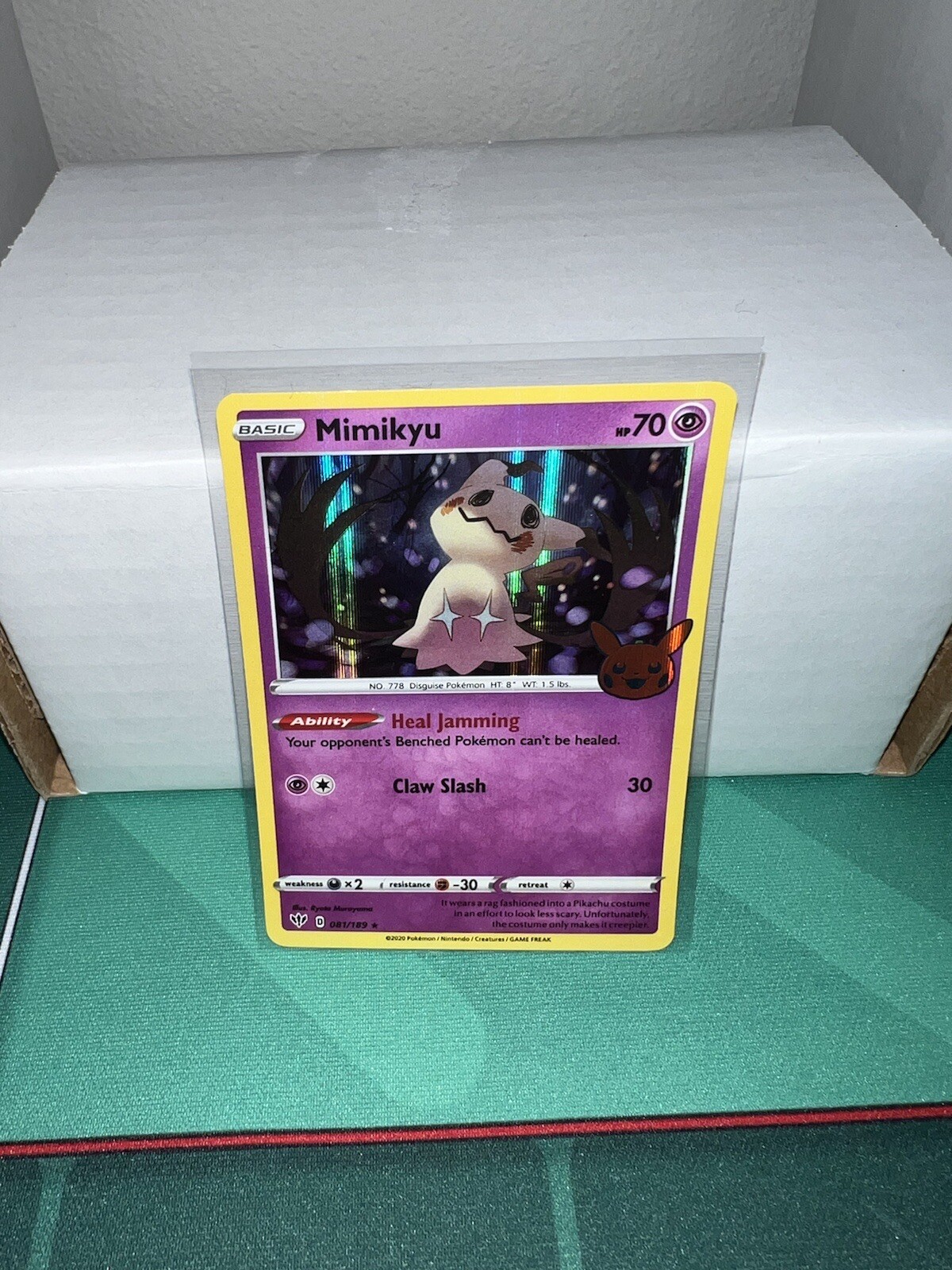 Pokemon Trick or Trade - Mimikyu - Darkness Ablaze 081/189 - Holo Rare Card  - Halloween Stamp