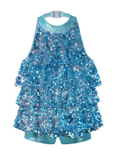 Kids Girls Halter Neck Shiny Sequins Tiered Dress Modern Jazz Latin Dancewear - 第 37/95 張圖片