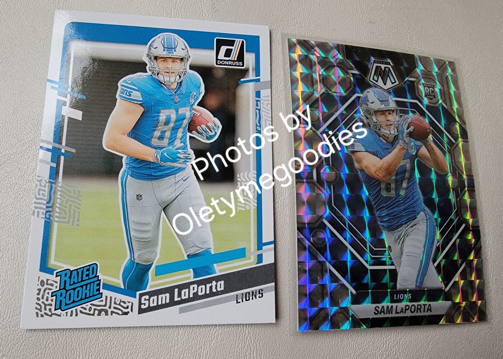 2023 Sam LaPorta RC Blue Reactive Prizm No. 360 and No. 332  DonRuss