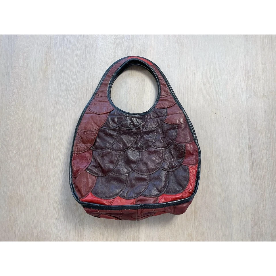 Sac patchwork vintage en cuir véritable - sac à main rétro marron rouge - sac... - Photo 1/4