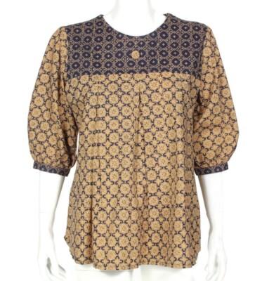 PELANGI Indonesian Batik Black Gold Puff Half Sleeve Ethnic Top sz M/L /003
