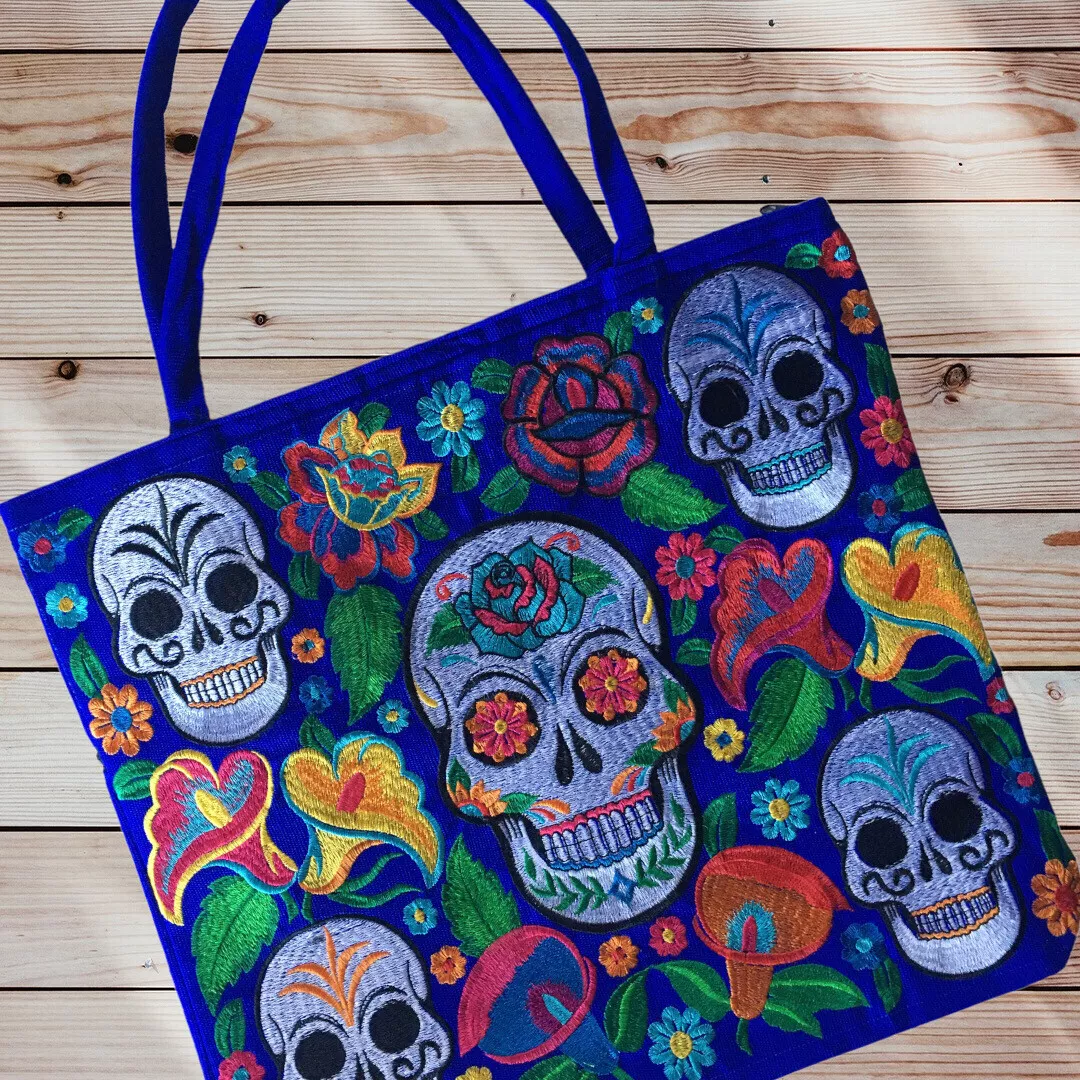 Handmade Mexican Sugar Skull Embroidered Tote Bag Women s Purses