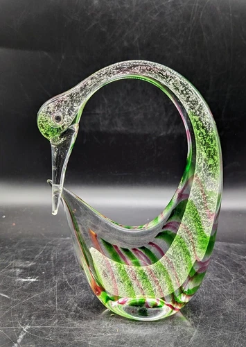 Vintage Murano Venetian Art Glass Swan Bird Figurine Red Green Silica 7 1/2"