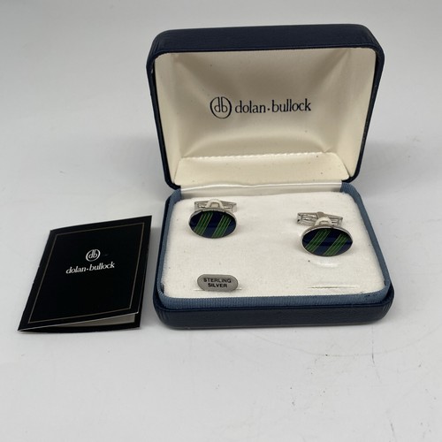 Sterling Dolan Bullock Cufflinks With Blue And Green Inset in box with paperwork