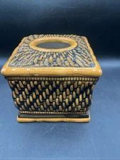 Raymond  Waites "Bali" Tissue Box Cover Ceramic Basket / Rattan Weave Pattern