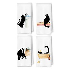 Funny Black Cat Hand Towels for Bathroom Set of 4, Black Cat Bathroom Decor f...