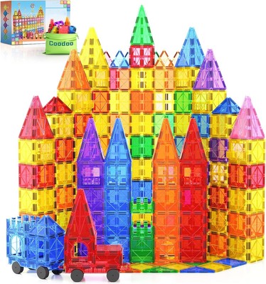 100 Magnetic Tiles STEM Building Toy with 2 Cars, Sensory Magnetic Building