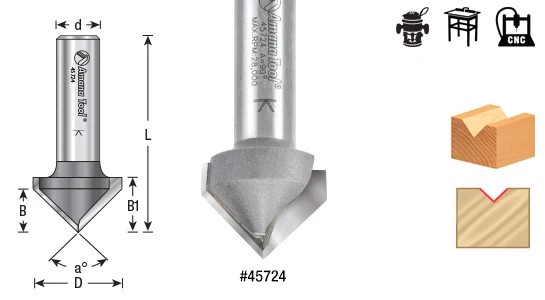 Amana Tool 45720 V Groove Router Bit 90° x 7/8 D x 3/4 CH x 1/2 SHK ...