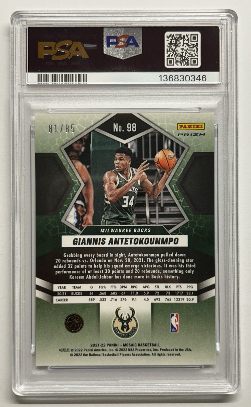 MA6 2021 Giannis Antetokounmpo Panini Mosaic #98 Fast Break BLUE Prizm /85 PSA10 view 2