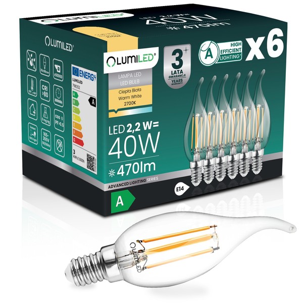 6X Led-GlüHbirne E14 Kerze BA35 2,2W 470Lm = 40W 2700K Warmweiß 360° Filament KL-image