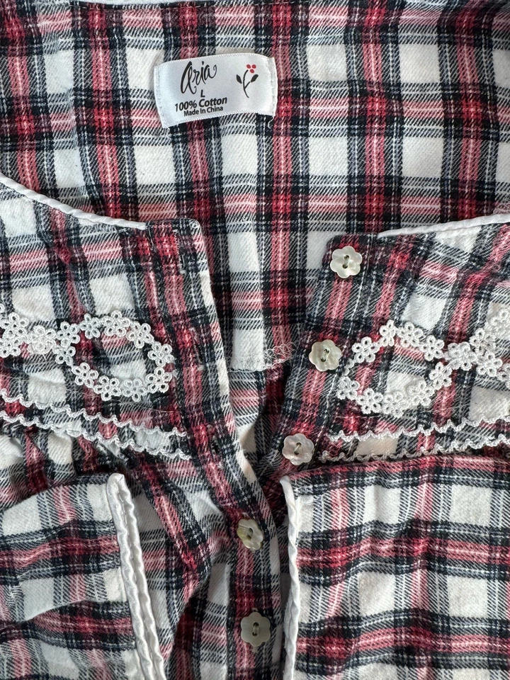 Camisón de franela a cuadros Aria para mujer grande rojo negro blanco ribete de encaje Y2K Foto 4 de 4