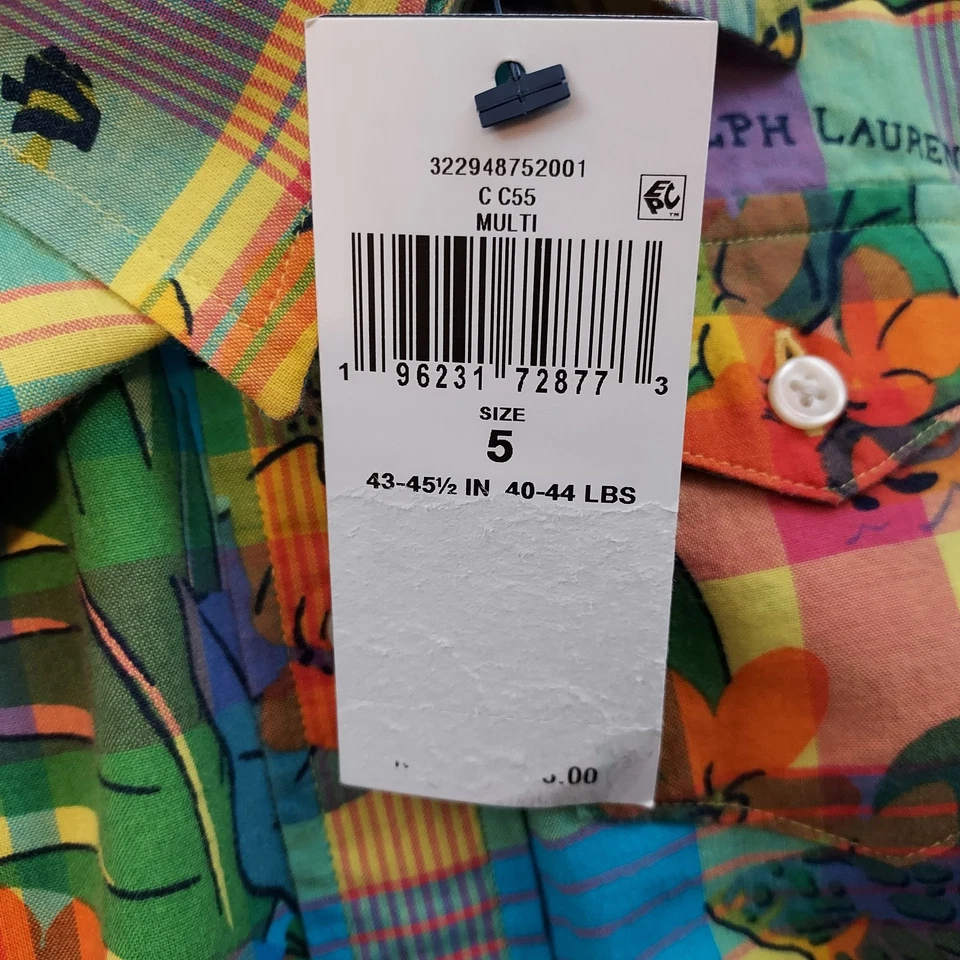 POLO RALPH LAUREN Boys 5 Tropical Madras Plaid Shirt Bright Colorful Logo - Image 4 of 4