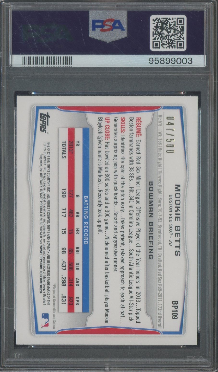 2014 Bowman Prospects Blue #BP109 Mookie Betts Red Sox RC Rookie /500 PSA 9 view 2