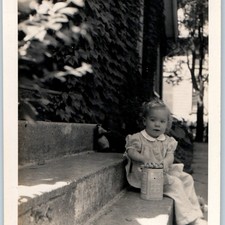 c1950s Cute Toddler Girl Sitting Steps Ivy Wall Tin Can Toy Snapshot Photo 4"