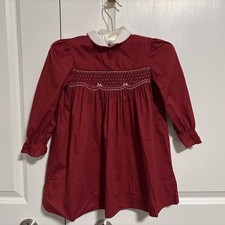 Vintage Hand-Smocked Dress Cranberry Red White Collar Girls Size 5