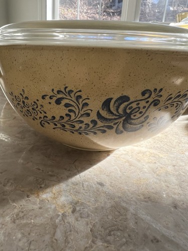 Vintage Pyrex Homestead, años 70 diseño azul moteado beige Cenicienta ¡Juego con tapas! - Imagen 6 de 8