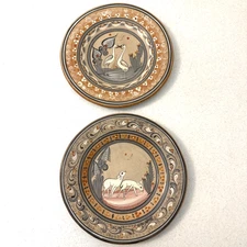 Signed Vintage Tonala Mexican Pottery Plates x2 Hand Painted Bird Folk Art